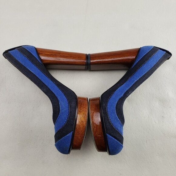 Tory Burch Joelle Wooden Heel Womens 6.5 Blue Fabric Slip On Platform Chunky - Picture 8 of 12